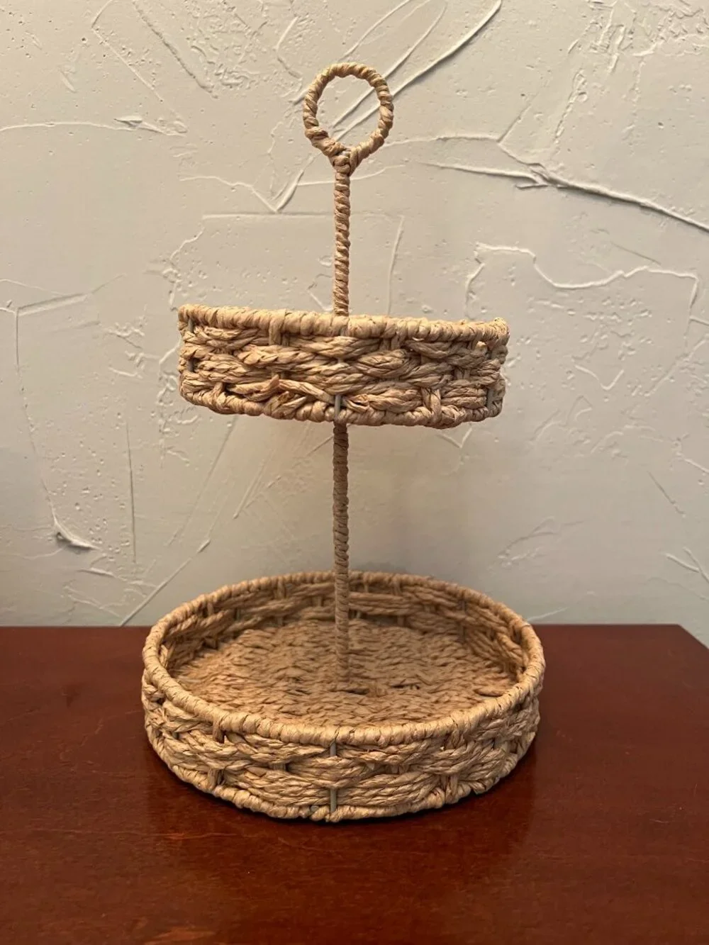 Rustic Woven Two-Tier Tray Stand Rattan Wicker Countertop Organizer
